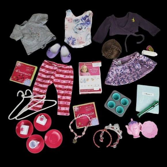 American Girl Doll Accessories Lot Hair Bun Earrings Charm Plates Ballet Leotard
